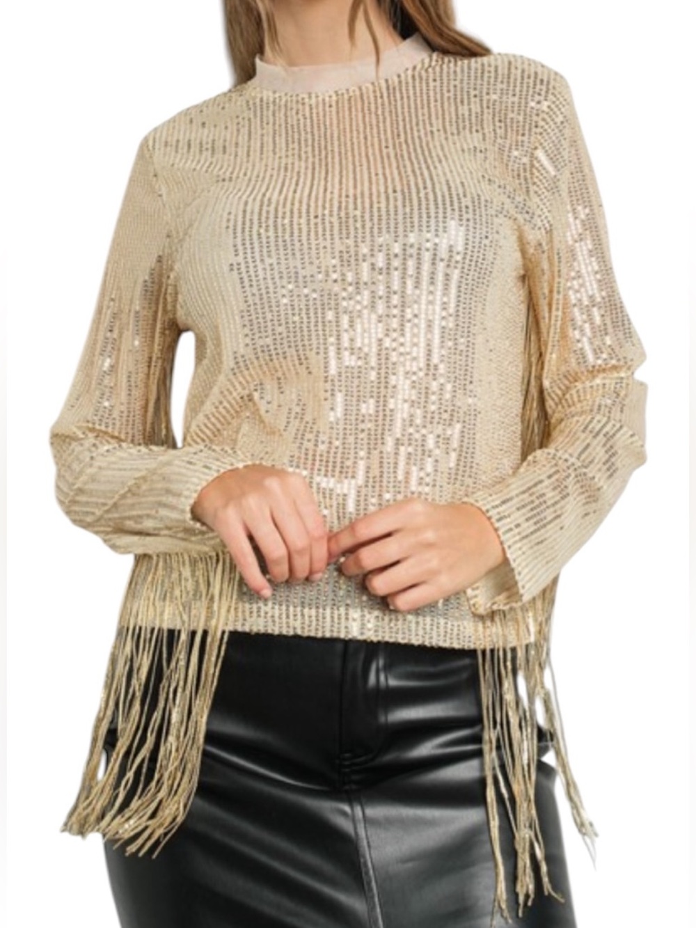 T162 - Sequin Stretch Fringe Tassel Long Sleeve Top Statement Western Retro
